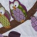 Woodland Owl baby quilt of flannel and cotton in earthy sage green, chocolate brown, deep eggplant/purple  with tree branch
