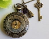 Steampunk Style Roman Numerals Pocket Watch Necklace With Key and Bottle Charm