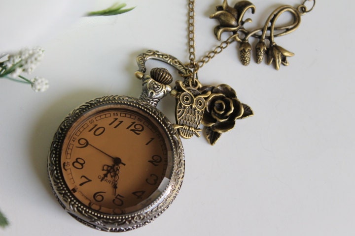 Steampunk Victorian Style Pocket Watch Necklace with Owl and Rose Flower Charm