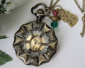 Vintage Style Rose Flower Pocket Watch Necklace with Bird, Princess & Key Charm