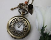 Steampunk Style Filigree Bird and Cage Pocket Watch Necklace with Key and Rose Charm
