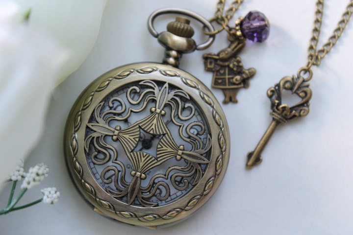 Alice in Wonderland - Vintage Filigree Pocket Watch Necklace with Rabbit and Skeleton Key Charm