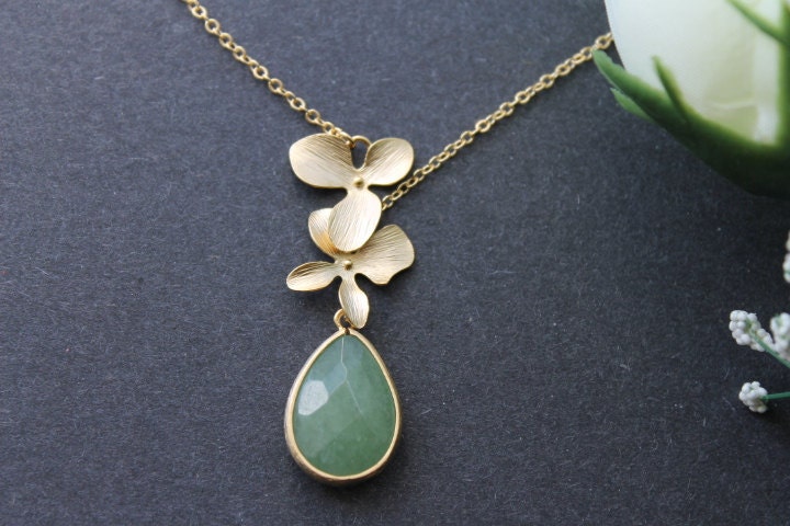 Gold Three Petal Flower Lariat with Aventurine Faceted Drop Pendant Necklace, 14K Gold Filled Chain, Gift or Wedding Jewelry