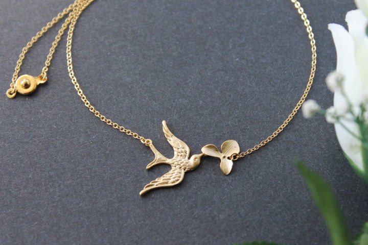 Flying Bird Carry Orchid Flower Necklace, 14K Gold Filled Chain, Gift or Wedding Jewelry
