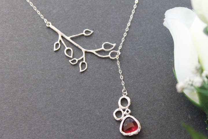 Leaf Branch Lariat,  Ruby Faceted Triangle Glass Stone Pendant Necklace, Sterling Silver, Gifts for Mother or Girlfriend or Lady