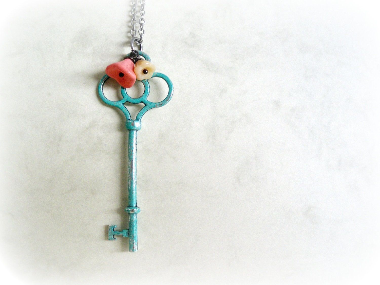 Garden Key-Romantic necklace-Teal blue verdigris patina.Peach pink,white Czech flowers.Antiqued silver chain.Gift for her.Valentines - GBILOBA