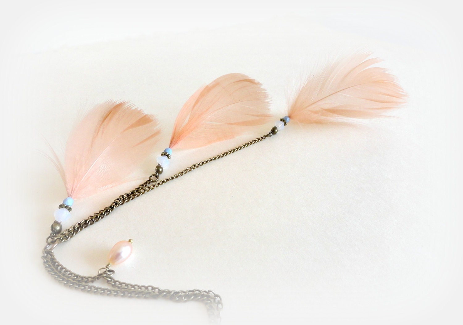Peaches - Feather necklace Pink salmon feathers opalescent white bicone faceted blue glass beads freshwater pearl Gift for her