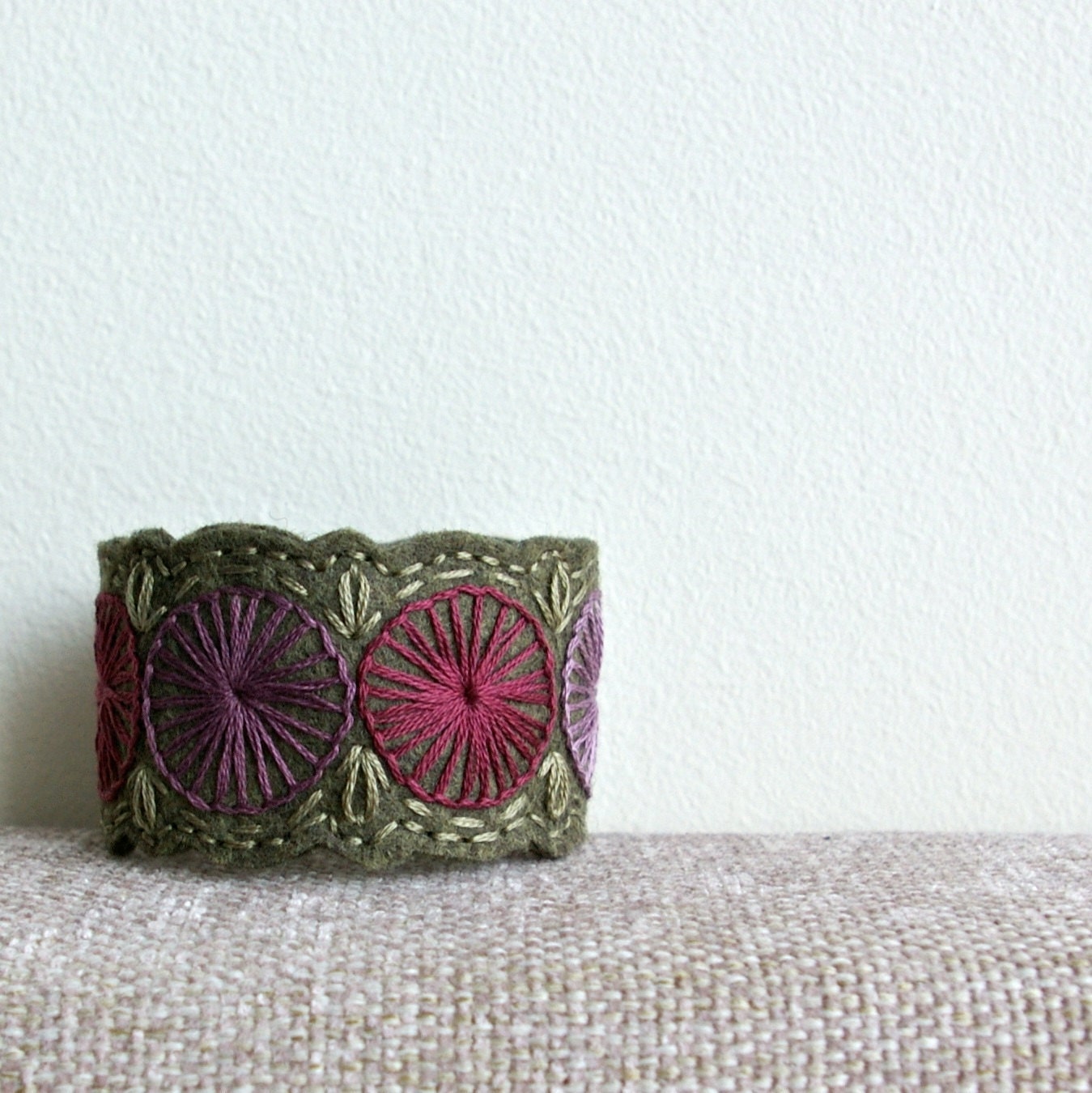 Wool Felt Bracelet Wristband Cuff // Hand Embroidered // Heather & Olive // LoftFullOfGoodies