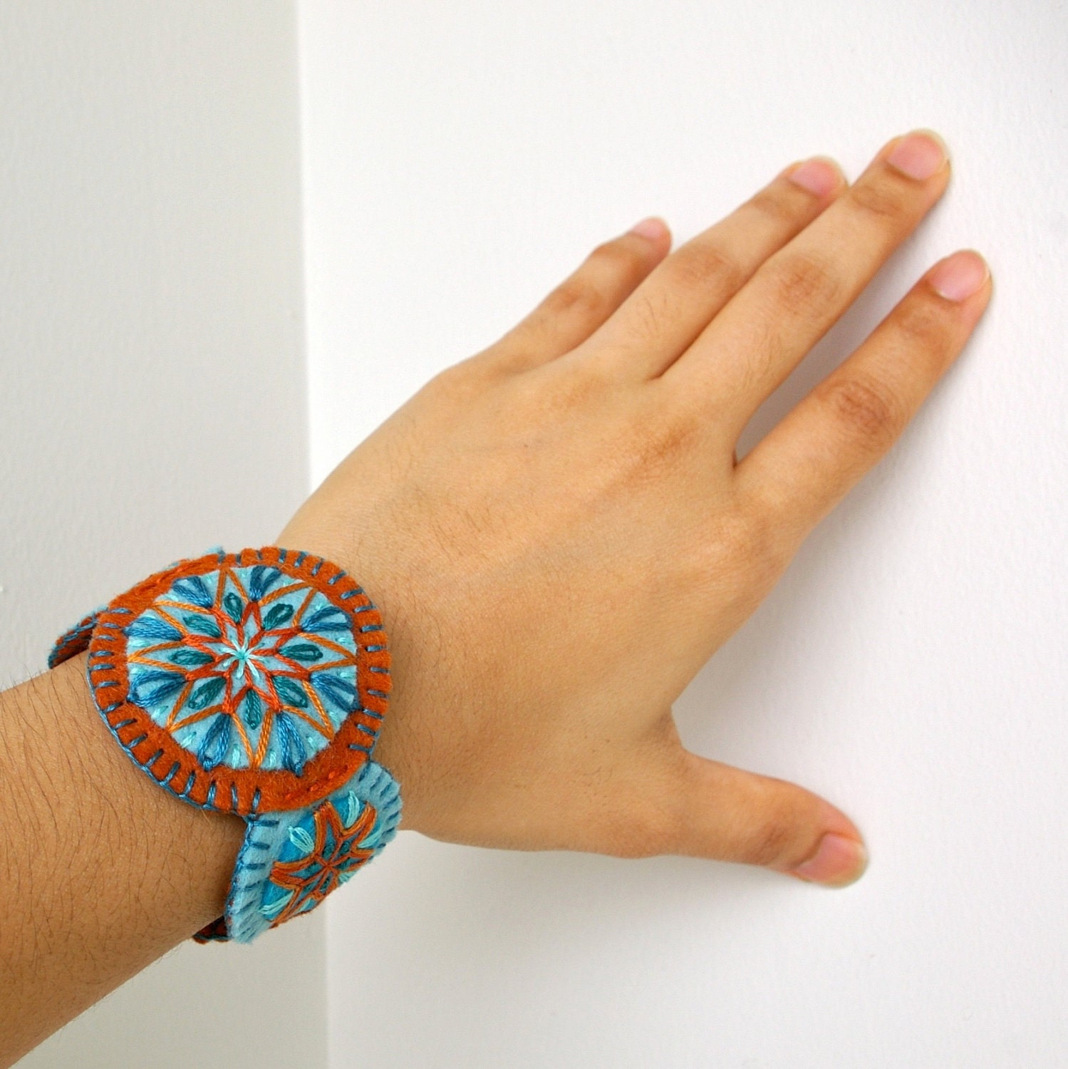 Penny Wool Felt Bracelet Wristband Cuff // Hand Embroidered // Copper & Turquoise // LoftFullOfGoodies