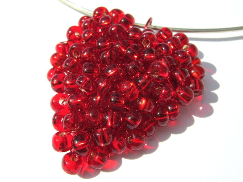 Heart Necklace, Red Knitted Wire Choker, Beaded Jewelry