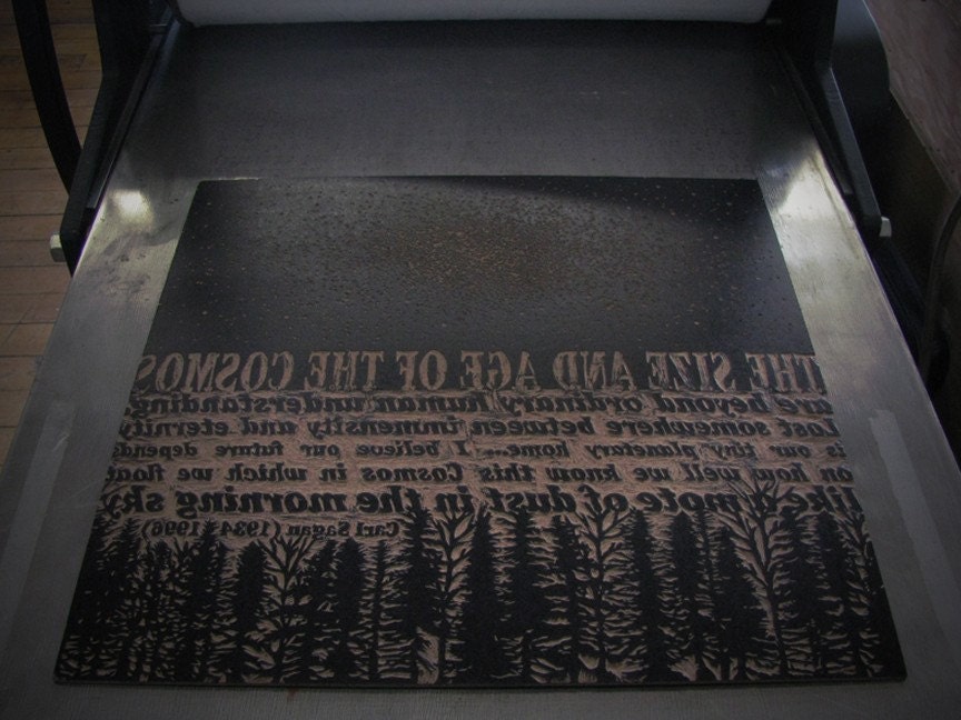COSMOS - woodcut -  orignal relief print - Carl Sagan - Quote - Stars