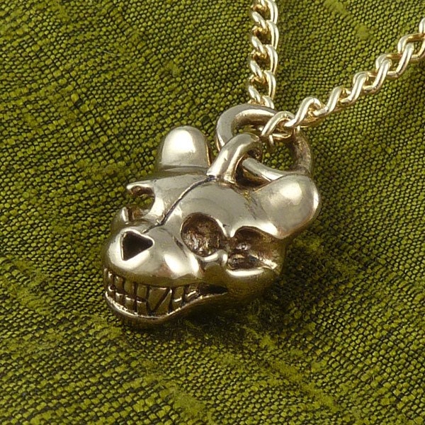 Teddy Bear Skull Necklace Bronze Teddy Bear Pendant on 24" Gold Plated Chain