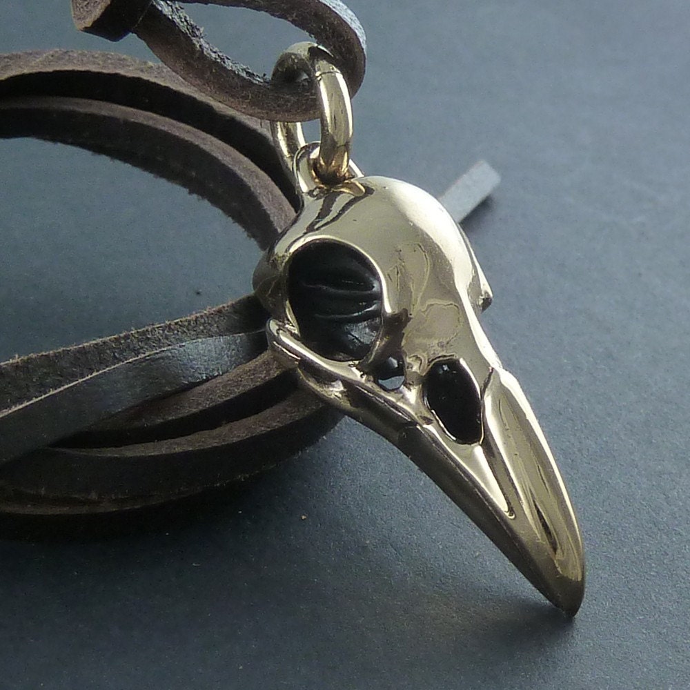 Bird Skull Necklace Bronze Raven Skull Pendant on Leather