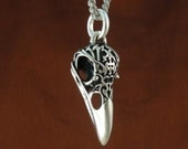 Bird Skull Necklace Raven Skull with Tribal Motif in Antique Silver on 18" Antique Silver Chain