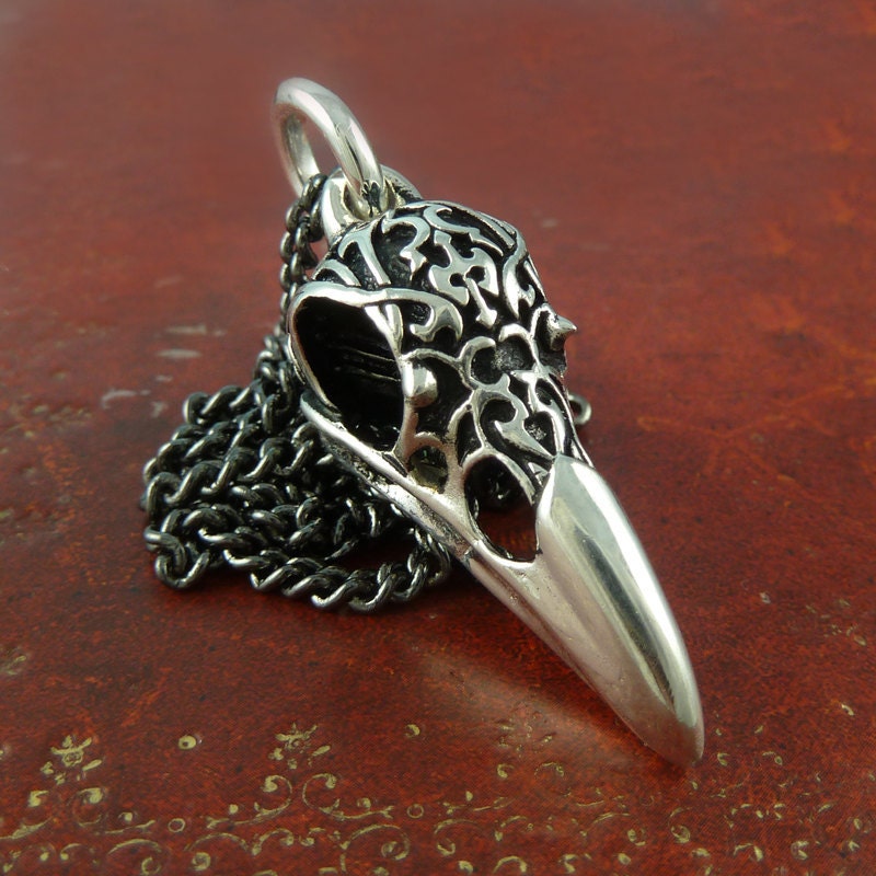 Raven Skull Necklace Antique Silver Bird Skull Pendant with Tribal Motif on 32" Gunmetal Chain