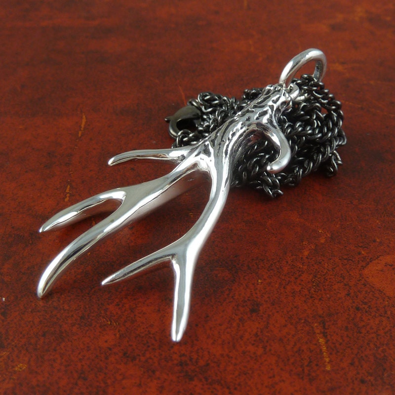 Antler Necklace Antique Silver Antler Pendant on 24" Gunmetal Chain