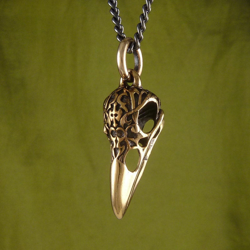 Bird Skull Necklace Bronze Raven Skull Pendant with Tribal Motif on 24" Gunmetal Chain