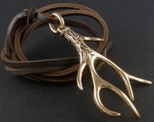 Antler Necklace Bronze Antler Pendant on Leather - Deer Necklace