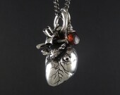 Valentine Necklace - Anatomical Heart Necklace with Sterling Silver Wire Wrapped Garnet - Anatomical Heart Pendant on 24" Gunmetal Chain