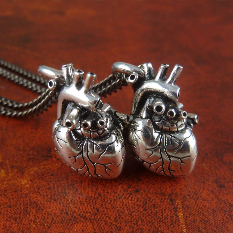 Two Hearts - Anatomical Heart Necklace - Two Antique Silver Small Anatomical Heart Pendants on 24" Gunmetal Chains