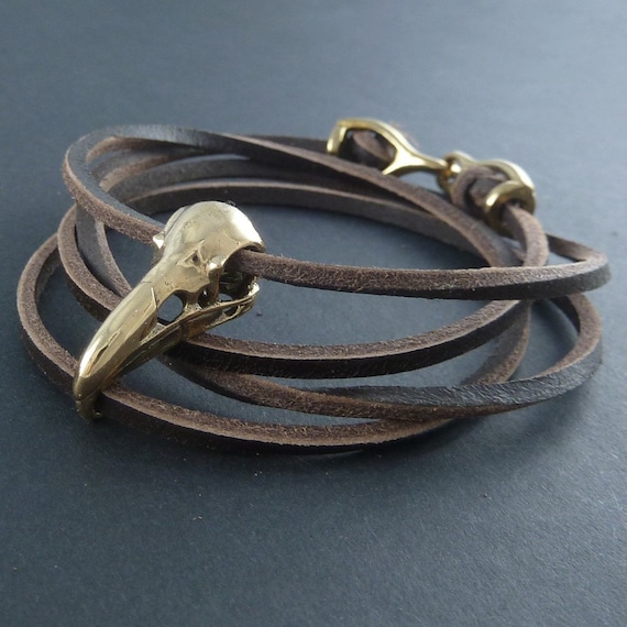 Bird Skull Bracelet Raven Skull Leather Bracelet - Bronze Skull on Leather Bracelet