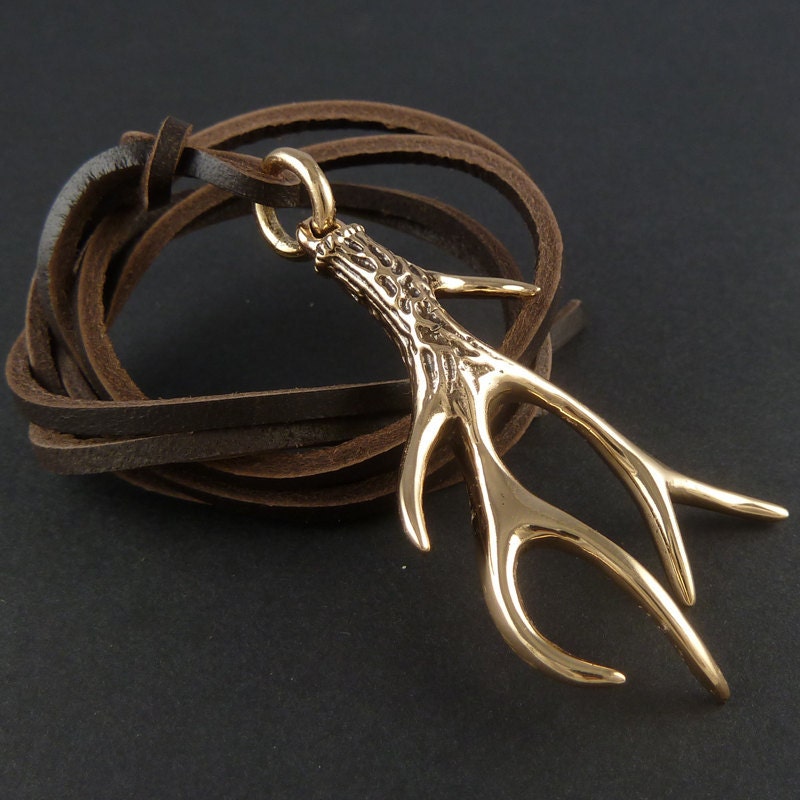 Antler Necklace Bronze Antler Pendant on Leather - Deer Necklace