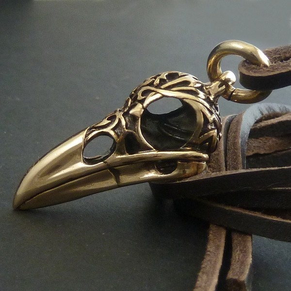 Bird Skull Raven Skull Necklace with Tribal Design - Bronze Pendant on Leather