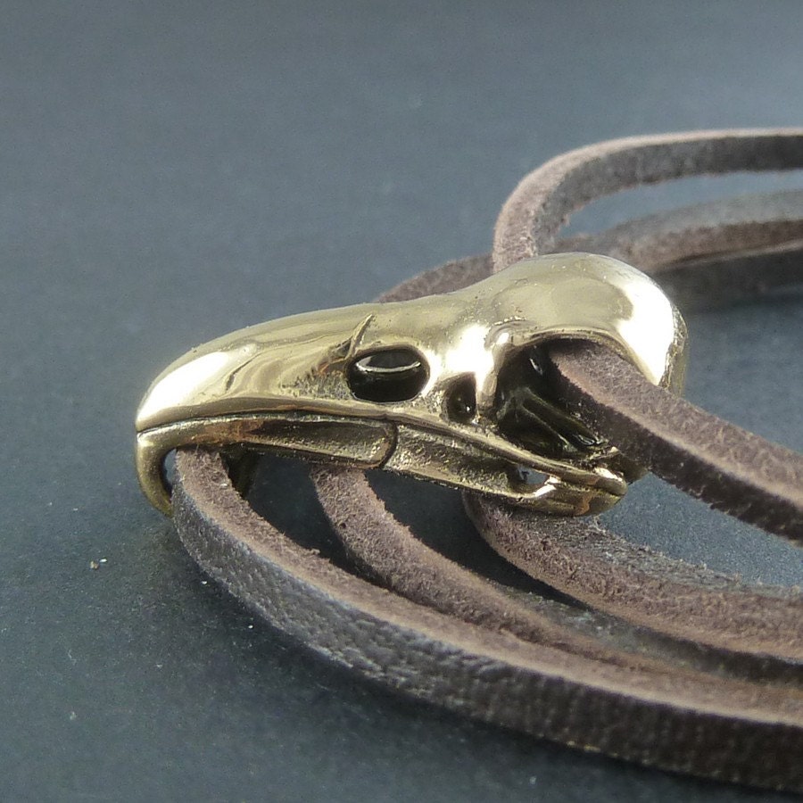 Bird Skull Bracelet Raven Skull Leather Bracelet - Bronze Skull on Leather Bracelet