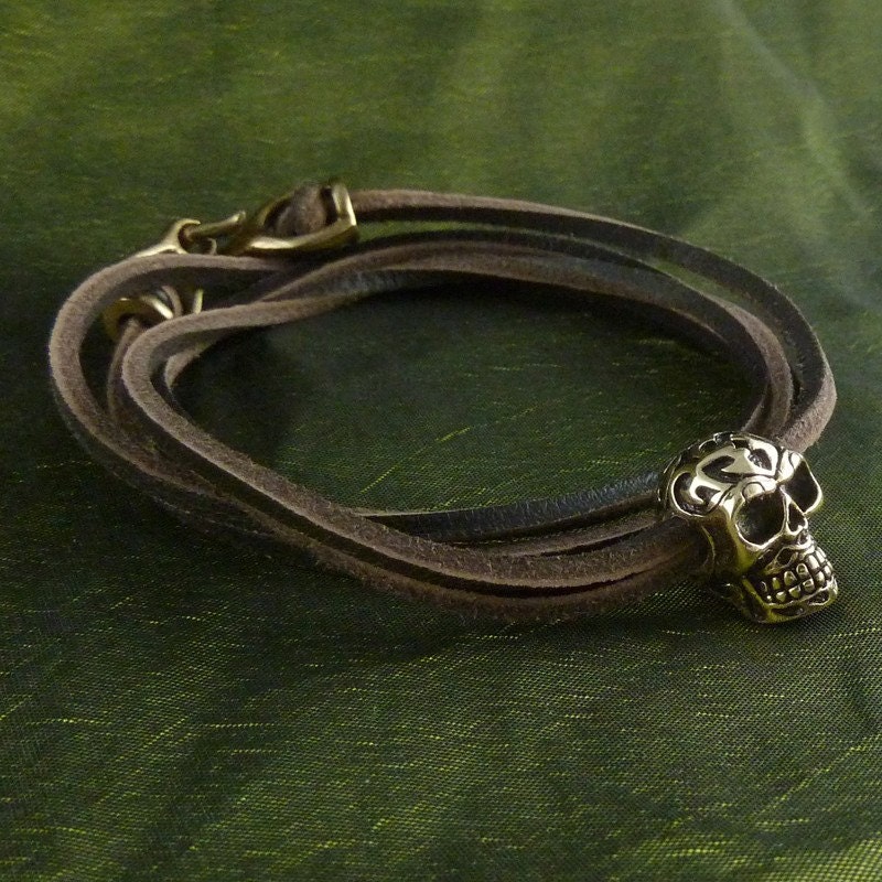 Skull Bracelet with Tribal Design - Bronze, on Leather
