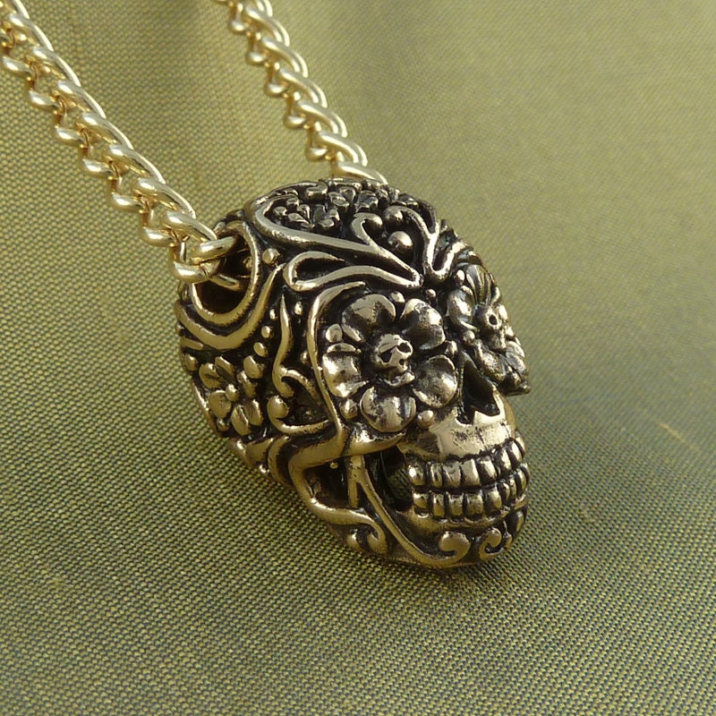 Mexican Skull - Day of the Dead Necklace Bronze Sugar Skull Pendant on 24" Gold Plated Chain