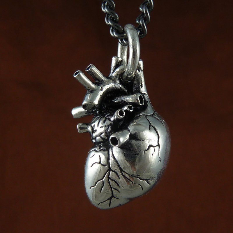 Anatomical Heart Necklace Antique Silver Anatomical Heart on 32" Gunmetal Chain