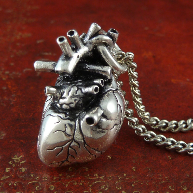 Gothic Heart Necklace Antique Silver Anatomical Heart Pendant on 24" Antique Silver Chain