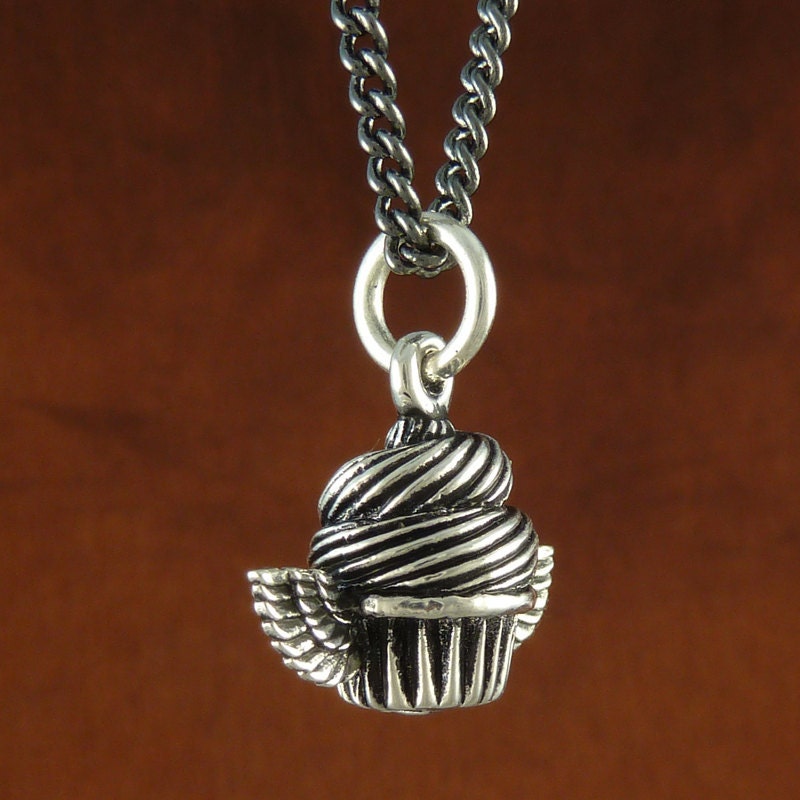 Cupcake Jewelry Antique Silver Cupcake Pendant Necklace on 18" Gunmetal Chain