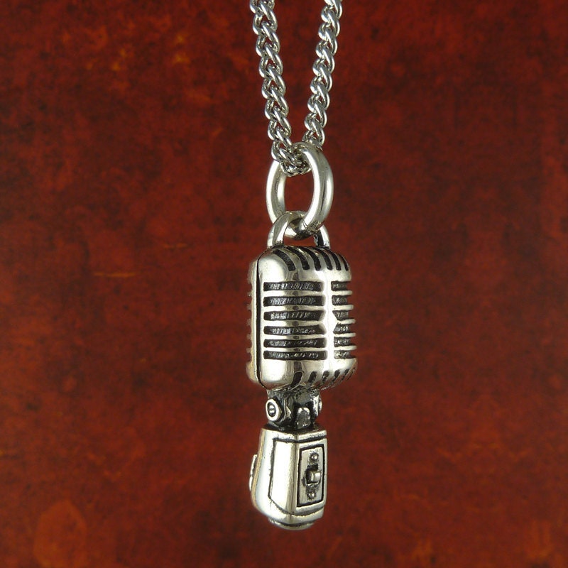 Rockabilly Necklace Microphone Antique Silver Microphone Pendant on 24" Antique Silver Chain