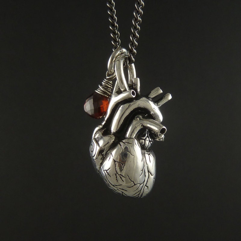 Anatomical Heart Necklace with Sterling Silver Wire Wrapped Garnet - Antique Silver Anatomical Heart Pendant on 24" Gunmetal Chain