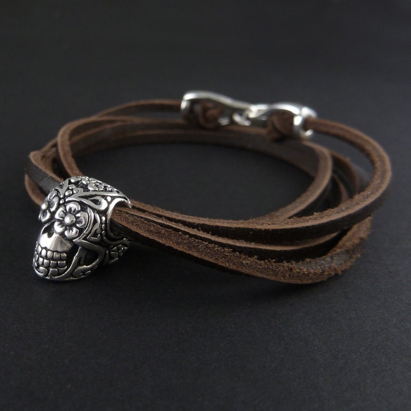 Day of the Dead Bracelet Antique Silver Day of the Dead Leather Bracelet