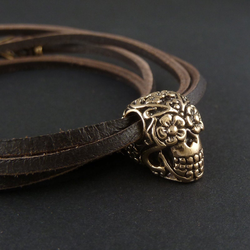 Sugar Skull Bracelet Bronze Sugar Skull on Leather Bracelet