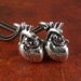 Two Hearts - Anatomical Heart Necklace - Two Antique Silver Small Anatomical Heart Pendants on 24" Gunmetal Chains