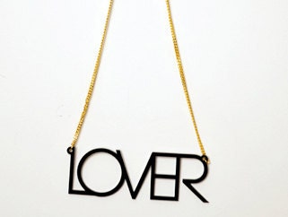Lover Necklace - Laser Cut Black Acrylic Pendant, Gold Plated Chain