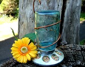 Upcycled Rustic Country Antique Blue Mason Jar Bird Feeder With Copper Hanger