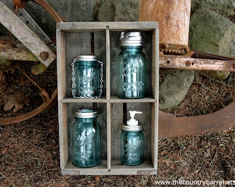 The Country Barrel Antique Blue Ball Mason Jar Sampler -Vase with Flower Frog Lid, Soap Dispenser, Solar Light, Hanging Tea Light Lantern
