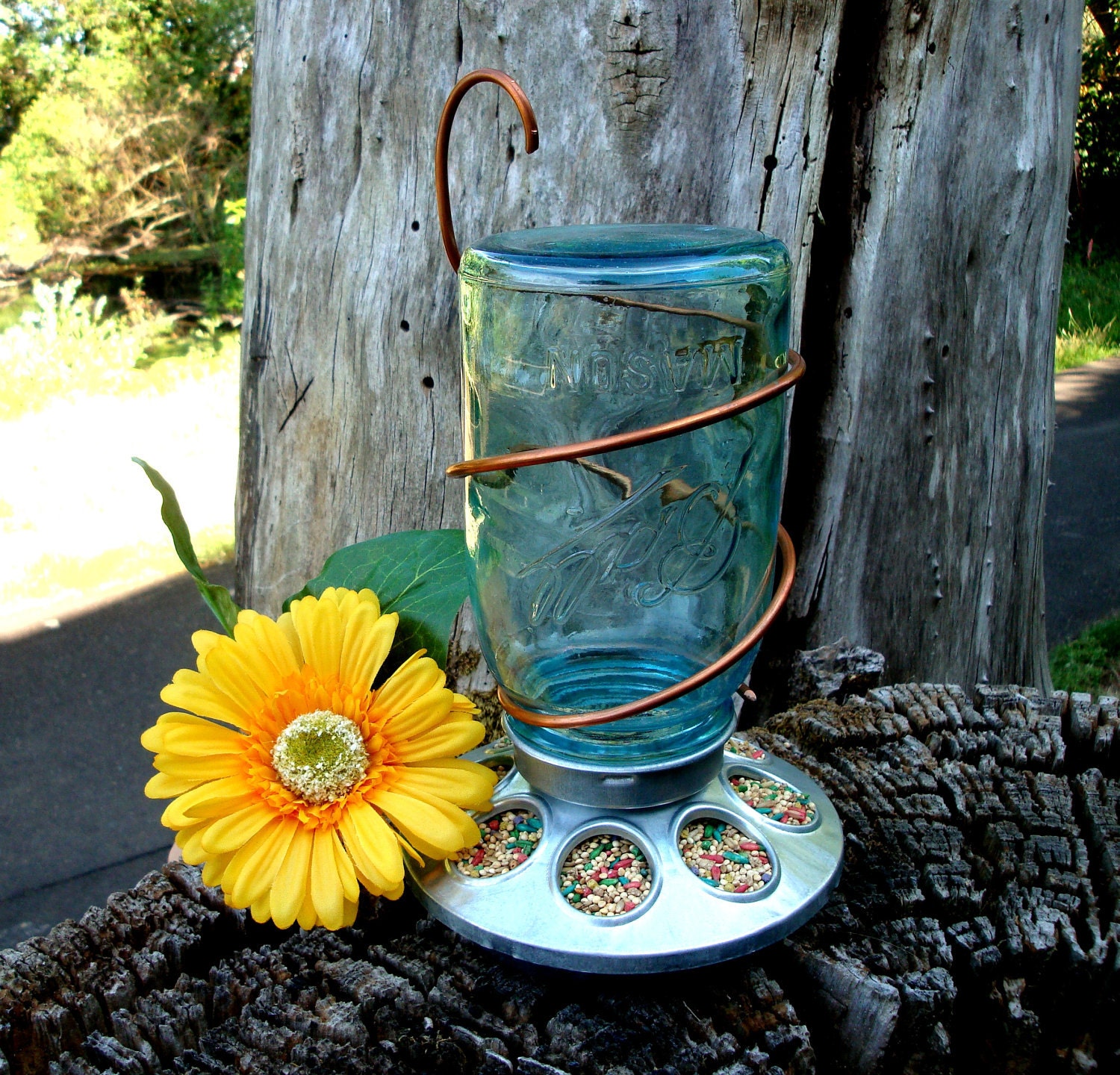 Upcycled Rustic Country Antique Blue Mason Jar Bird Feeder With Copper Hanger