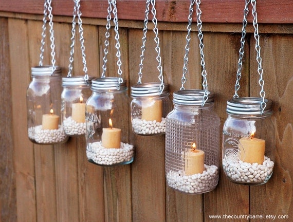Hanging Mason Jar Garden Lights - DIY Lids Set of 6 Mason Jar Lantern Hangers or Flower Vase Hangers - Silver Chain - Regular Mouth Style