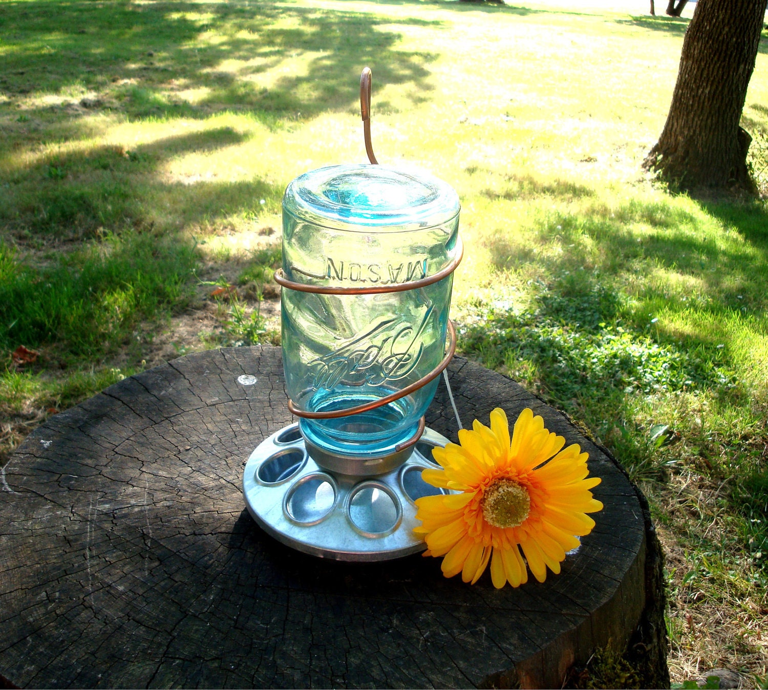 Upcycled Rustic Country Antique Blue Mason Jar Bird Feeder With Copper Hanger