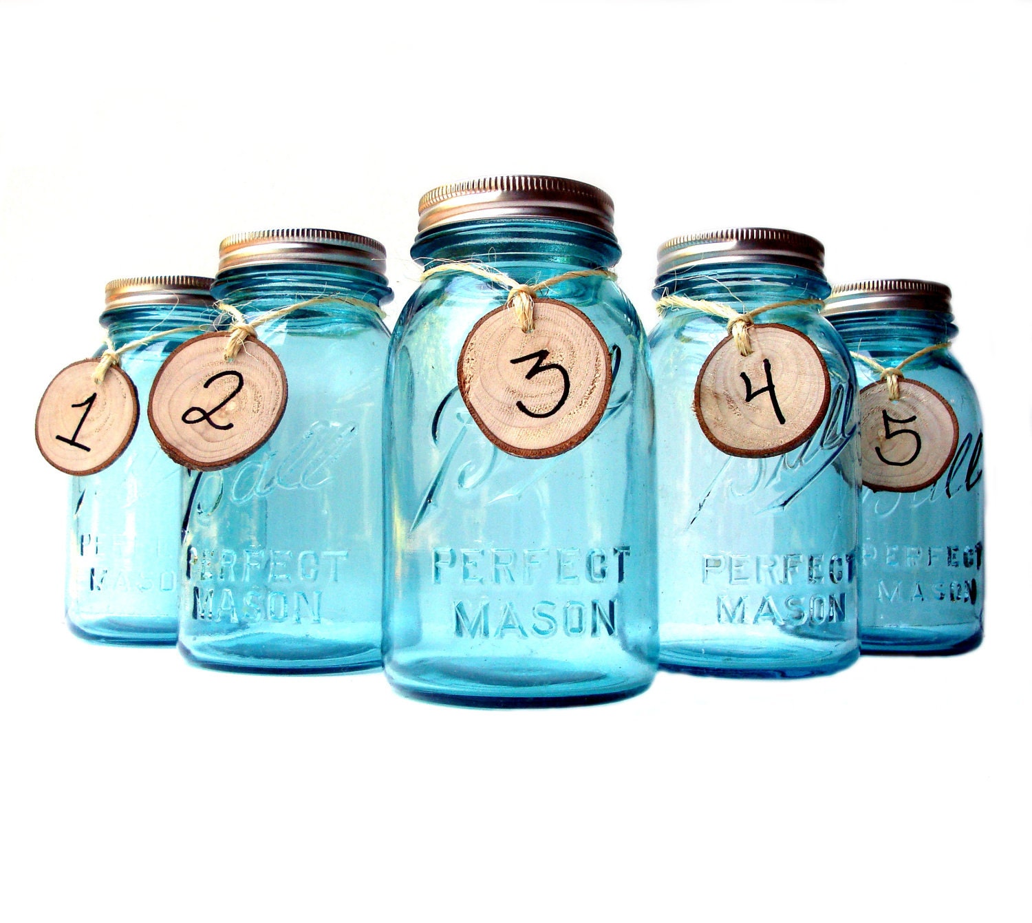 Antique Blue Mason Jar Flower Vase Centerpieces with Frog Lids - Set of 5