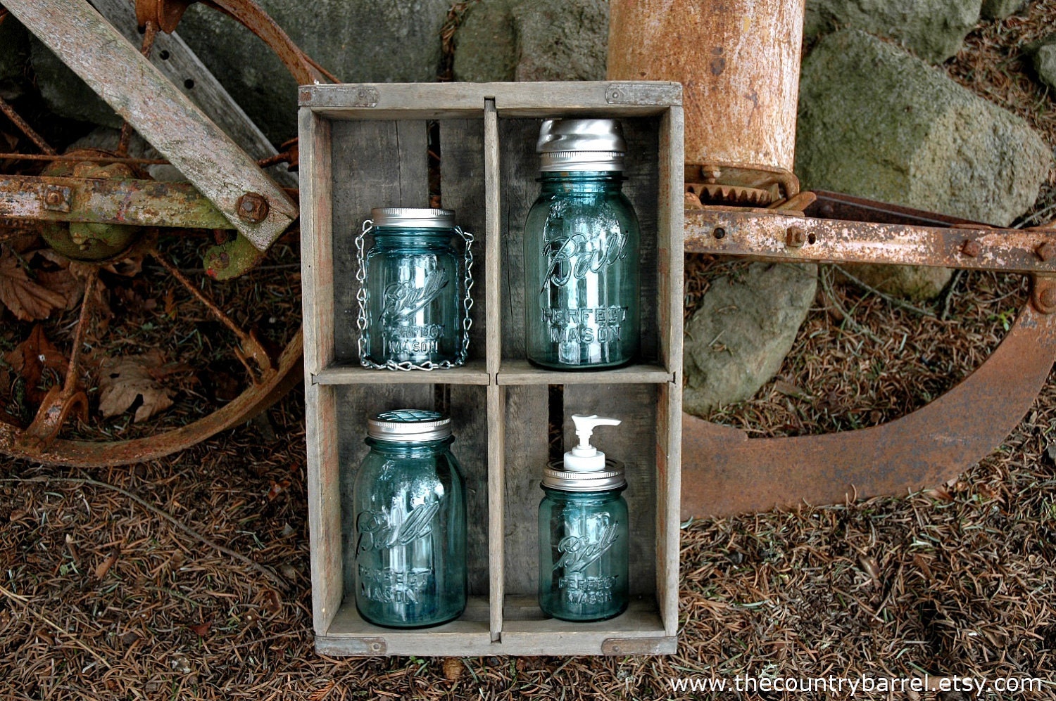 The Country Barrel Antique Blue Ball Mason Jar Sampler -Vase with Flower Frog Lid, Soap Dispenser, Solar Light, Hanging Tea Light Lantern