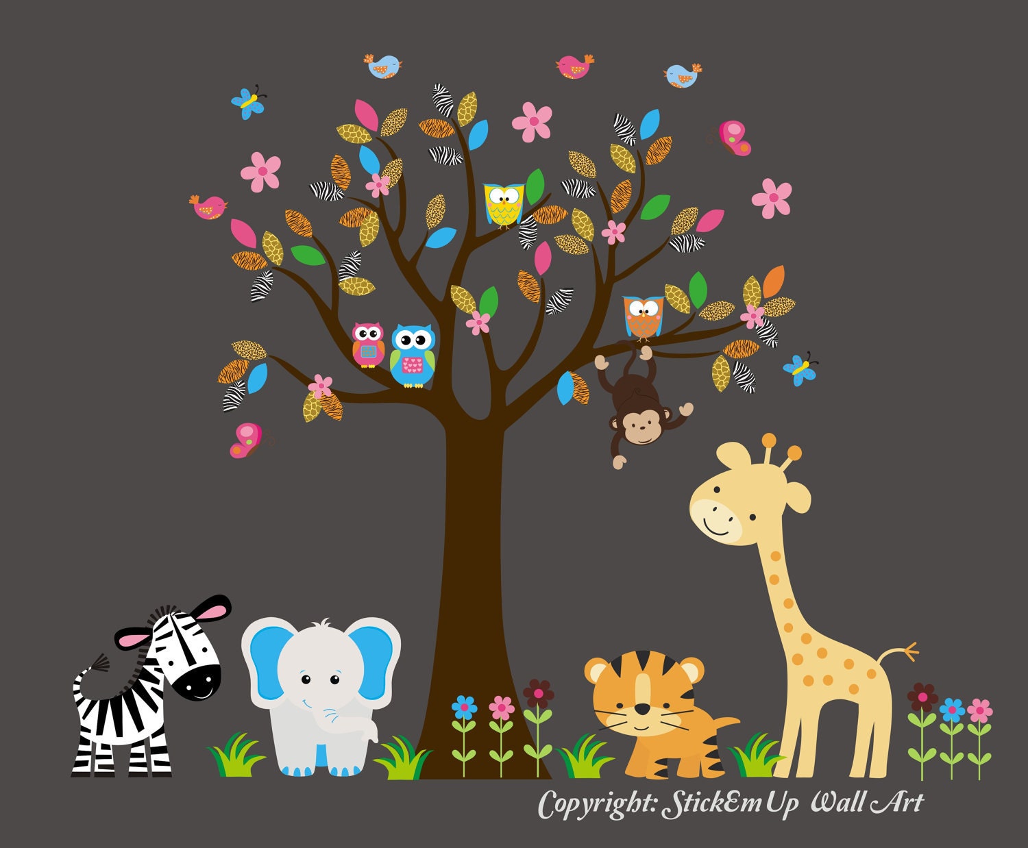 Wall Decal Tree with Jungle Animal Patterned Leaves, Giraffe, Elephant, Zebra, Tiger - Baby Wall Decal - Nursery Wall Decal - 283