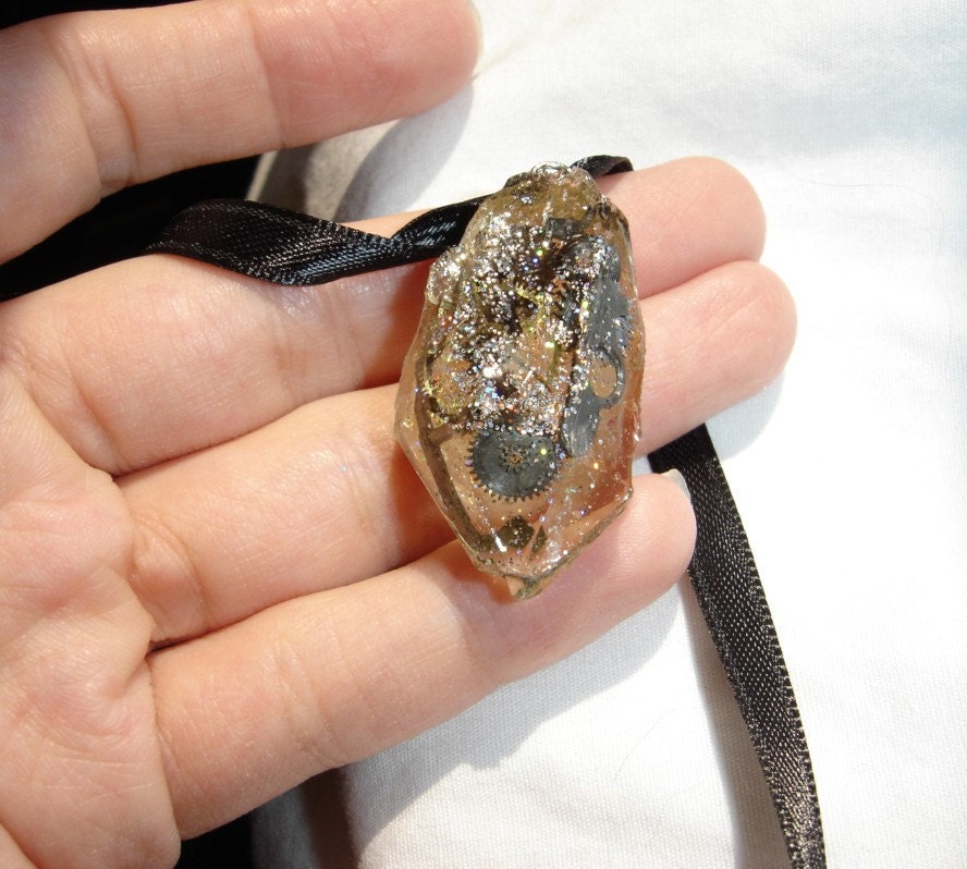 Steampunk time crystal vintage watch parts natural crystal shape rainbow glitter original art unique resin cast from real crystal