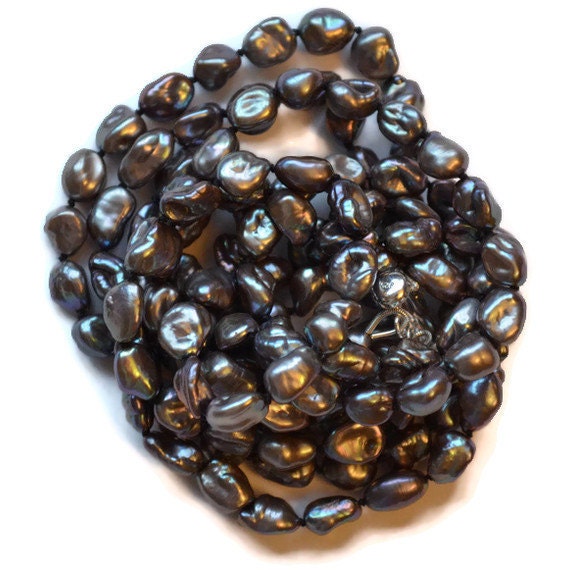 Baroque Pearl Necklace, Dark Gray Charcoal Peacock, Triple Strand