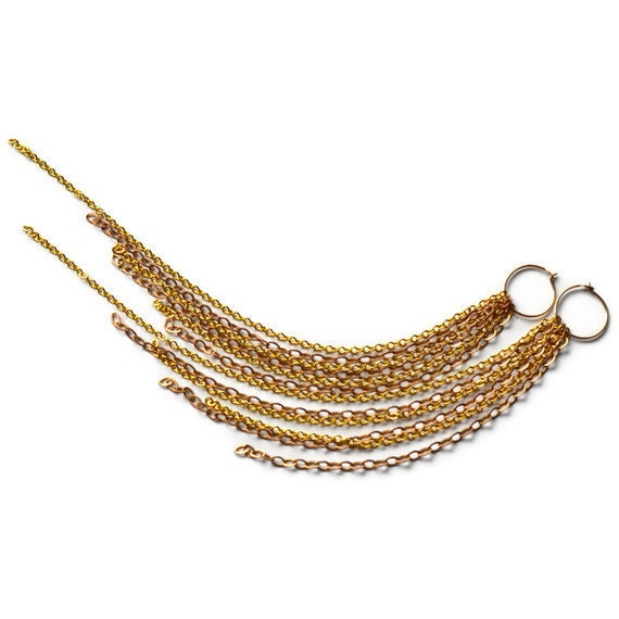 Long Chain Earrings, Shoulder Duster, Gold and Brass